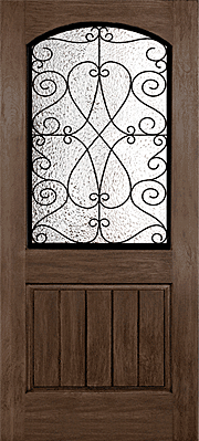 Rustic Hardwood Grain with Wrought Iron Grille Fibreglass Door