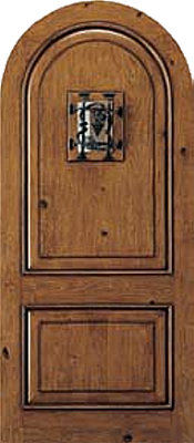 Knotty Alder Woodgrain Radius Top with Speakeasy Panel Exterior Wood Door