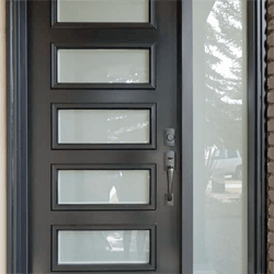 Black Fibreglass exterior 5 lite door with a sidelite, obscure glass. Professionally painted.