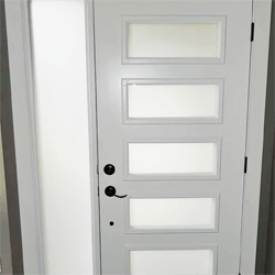 White Fibreglass 5 lite exterior door with a sidelite, obscure glass. Professionally painted.