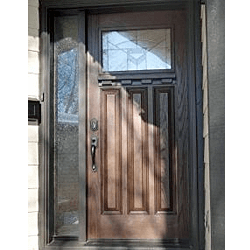 Craftsman style fibreglass door with sidelite. Professionally painted.
