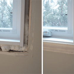 (left) Foam insulation to fill in gaps preventing air-leaks. (right) New replacement window completed.